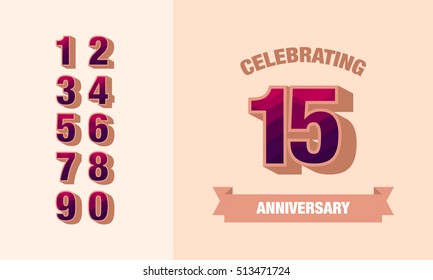 15 Years Anniversary Card or Banner Design using Retro Style, Vector Illustration  with Set of Numbers