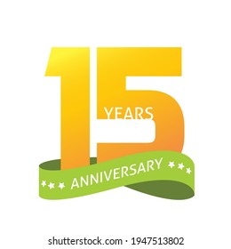 15 years anniversary celebrating vector logo icon in yellow orange green color, number 15th year birthday label tag sign isolated