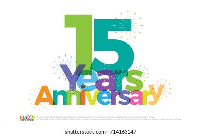 15 years anniversary celebration colorful logo with fireworks on white background. 15th anniversary logotype template design for banner, poster, card vector illustrator