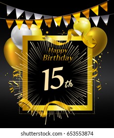 15 years anniversary celebration design. with confetti, balloon and flag golden colored isolated on black background, vector design for greeting card and invitation card
