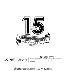 15 years anniversary celebration emblem. anniversary logo with ribbon black and white stamp isolated, vector illustration template design for web, celebration card & invitation card