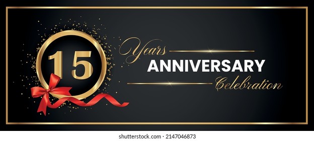 15 Years Anniversary Celebration Gold and Black Color Vector. anniversary celebration logotype with elegant modern number gold color for celebration, gold anniversary celebration, bow, ribbon, luxury.