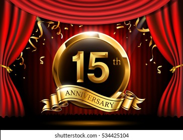 15 years anniversary celebration with gold ribbon. Curtain background and confetti