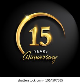 15 years anniversary celebration. Anniversary logo with ring and elegance golden color isolated on black background, vector design for celebration, invitation card, and greeting card