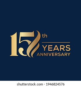 15 Years Anniversary Celebration. Anniversary logo and elegance golden color isolated on black background, vector design