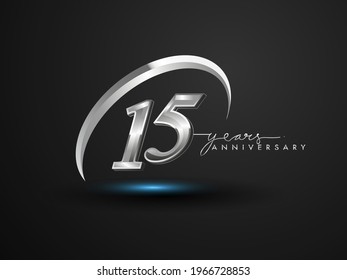 15 Years Anniversary Celebration. Anniversary logo with ring and elegance silver color isolated on black background, vector design for celebration, invitation card, and greeting card