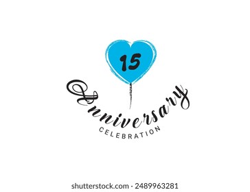 Logotipo de la celebración del aniversario de 15 años con el Vector azul del corazón, diseño del logotipo del número 15, logotipo del cumpleaños 15, aniversario feliz, aniversario del Vector para la celebración, cartel, tarjeta de invitación