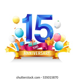 15 Years Anniversary celebration logo, birthday vector illustration, with gift box and balloons, colorful polygonal design.