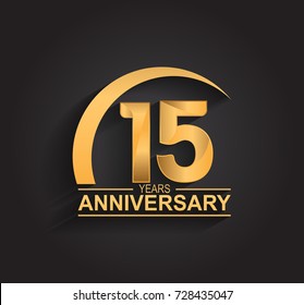 15 years anniversary celebration. Anniversary logo with swoosh and elegance golden color isolated on black background, vector design for celebration, invitation card, and greeting card