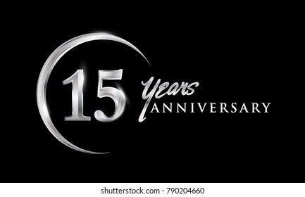 15 years anniversary celebration. Anniversary logo with silver ring elegant design isolated on black background, vector design for celebration, invitation card, and greeting card
