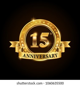 15 years anniversary celebration logotype. Golden anniversary emblem with ribbon. Design for booklet, leaflet, magazine, brochure, poster, web, invitation or greeting card. Vector illustration. 