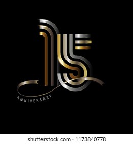 15 years anniversary celebration logotype with line number gold and silver color isolated on black color. vector anniversary for celebration, invitation card, and greeting card