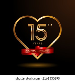 15 years anniversary celebration logotype with gold color and ribbon for booklet, leaflet, magazine, brochure poster, banner, web, invitation or greeting card. Vector illustrations.