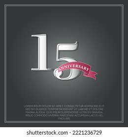  15 Years Anniversary celebration logotype colored with shiny gray, using ribbon and isolated on black background
