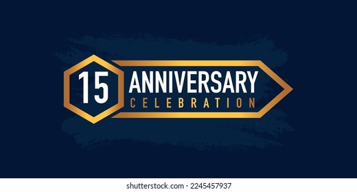 15 years anniversary celebration logotype colored with gold color and isolated on blue background
