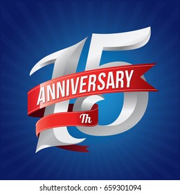 15 years anniversary celebration logotype. 15th silver number with red ribbons on blue background