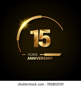 15 Years Anniversary Celebration Logotype. Golden Elegant Vector Illustration  with Swoosh or Half Circle,  Isolated on Black Background can be use for Celebration, Invitation, and Greeting card