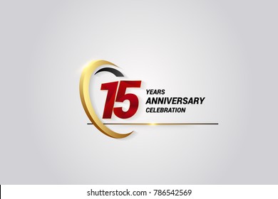 15 Years Anniversary Celebration Logotype. Red Elegant Vector Illustration with Gold Swoosh, Isolated on Black Background can be use for Celebration, Invitation, and Greeting card