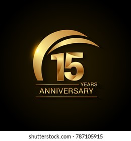  15 Years Anniversary Celebration Logotype. Golden Elegant Vector Illustration  with Gold Swoosh,  Isolated on Black Background can be use for Celebration, Invitation, and Greeting card