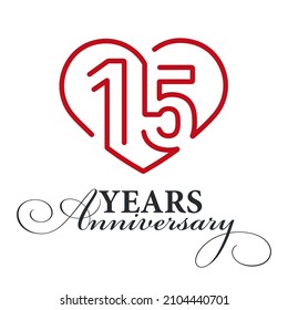 15 years anniversary celebration number fifteen bounded by a loving heart red modern love line design logo icon white background