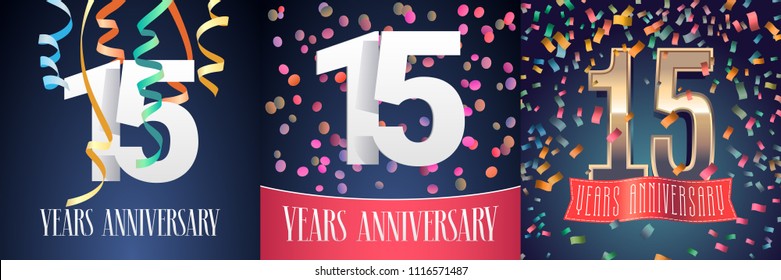 15 years anniversary celebration set of vector icons, logo. Template design element with festive background and number for 15th anniversary card 