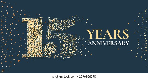 Icono vectorial de celebración de 15 años, logo. Elemento de diseño horizontal de plantilla con sello de brillo dorado para tarjeta de saludo del 15º aniversario 