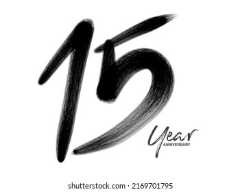 15 Years Anniversary Celebration Vector Template, 15 Years  logo design, 15th birthday, Black Lettering Numbers brush drawing hand drawn sketch, number logo design vector illustration