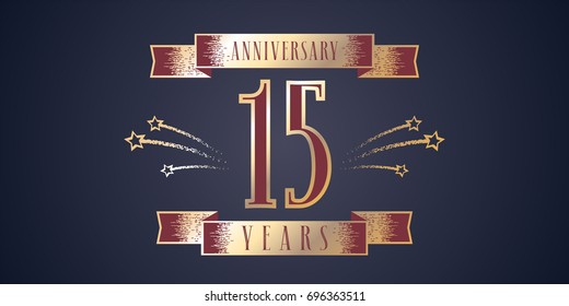 15 years anniversary celebration vector icon, logo. Template design element with golden number and swirl fireworks for 15th anniversary greeting card