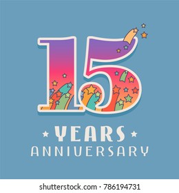 15 years anniversary celebration vector icon, logo. Template design element with bright colored  number for 15th anniversary greeting card 