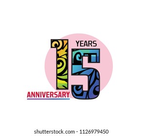 15 years anniversary with colorful tribal and pink circle. Vector illustration isolated on white background