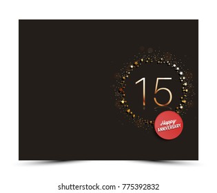 15 years anniversary decorated card template with gold elements.