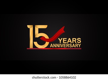 15 years anniversary design with red ribbon and golden color isolated on black background