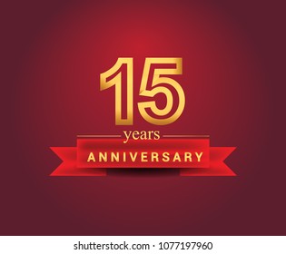 15 years anniversary design with red ribbon and golden color isolated on red background, Design for anniversary celebration.