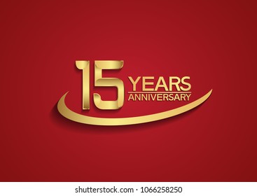 15 years anniversary design with swoosh golden color isolated on red background for celebration