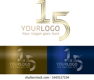 15 years anniversary design template for company logo in gold color on white background and on blue, and gold gradient backgrounds for company celebration event.