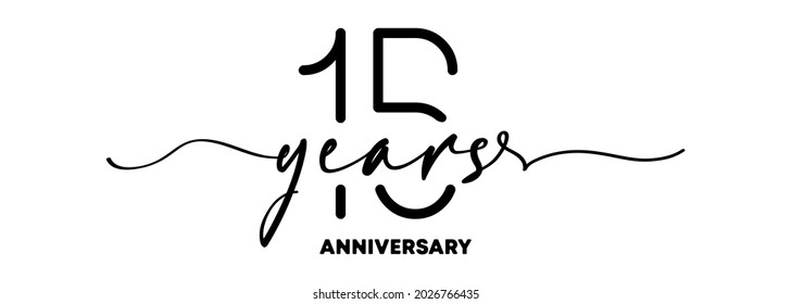 15 years anniversary emblem. Anniversary badge or label. 15th celebration and congratulation design element. One line style. Vector EPS 10. Isolated on background.