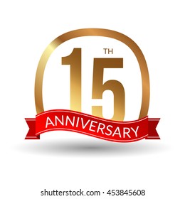 15 years anniversary experience gold label with red ribbon, vector illustration.