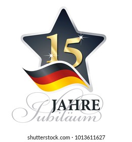 15 years anniversary (German language - 15 Jahre Jubiläum) isolated black star flag logo icon