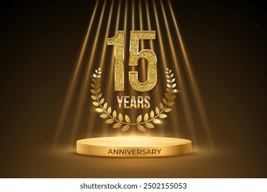 15 years anniversary gold award podium. Celebration birthday or jubilee golden vector background. Luxury stage with laurel wreath, glowing rays, glittering number 15 and text anniversary on black.