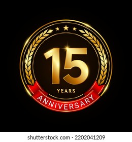 15 years anniversary, golden anniversary celebration logotype with red ribbon isolated on black background, vector illustration