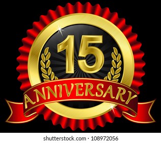  15 years anniversary golden label with ribbons, vector illustration