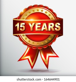 15 years anniversary golden label with ribbon. Vector illustration. 