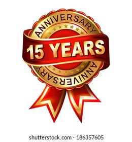 15 years anniversary golden label with ribbon.  Vector illustration.