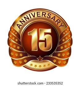 15 years anniversary golden label with ribbon. Vector illustration.