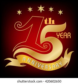 15 Years Anniversary - Golden Laurel Wreath Seal with Golden Ribbon - Layered EPS 10 Vector