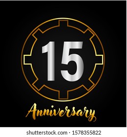 15 years anniversary golden and silver color with circle ring isolated on black background for anniversary celebration event