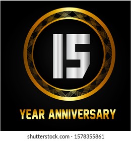 15 years anniversary golden and silver color with circle ring isolated on black background for anniversary celebration event