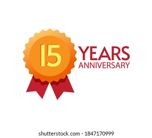 15 years anniversary icon badge vector flat symbol, 15th number on modern golden rosette award design, fifteen birthday party trendy symbol clipart