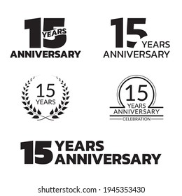 15 years anniversary icon or logo set. 15th birthday celebration badge or label for invitation card, jubilee design. Vector illustration.