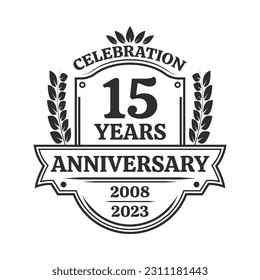 15 years anniversary icon or logo. Vintage birthday banner design. 15th anniversary yubilee celebration badge or label. Vector illustration.